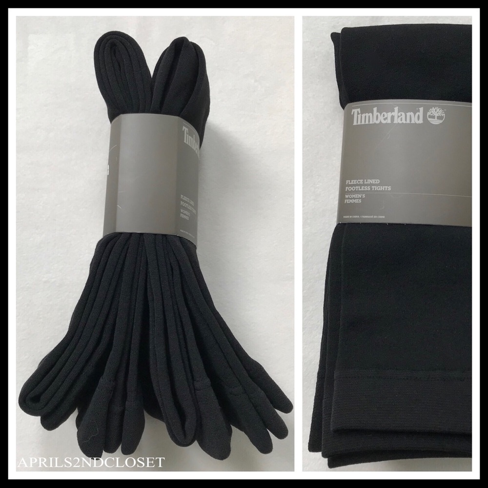 TIMBERLAND 2 BLACK FLEECE LINED LEGGINGS COZY FOOTLESS TIGHTS A3C - Picture 5 of 16